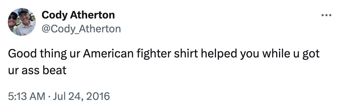 A funny meme about an American Fighter shirt from Twitter