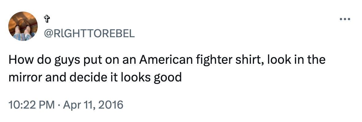 A funny meme about an American Fighter shirt from Twitter